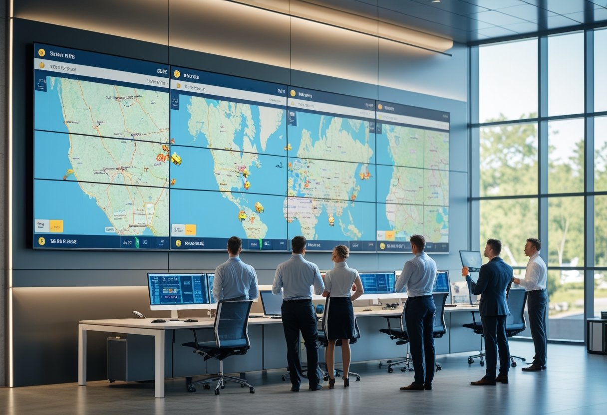 A team of professionals monitoring real-time vehicle tracking data on large digital screens in a modern control center.