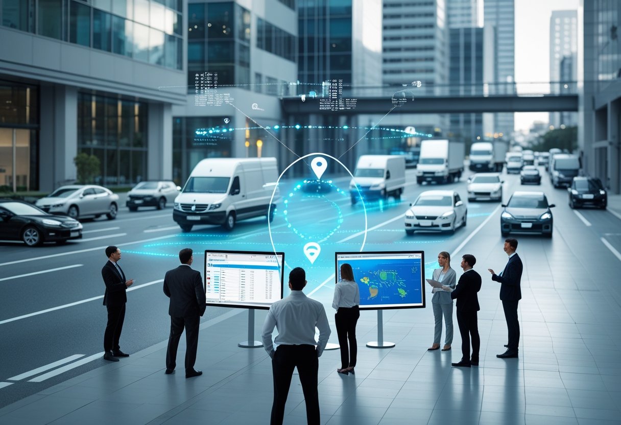 A city street with various vehicles and digital graphics showing GPS tracking, with professionals analyzing data on transparent screens.