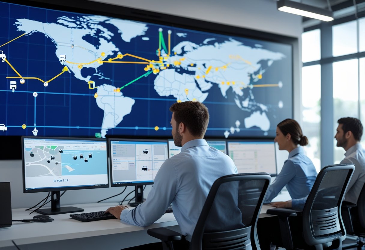 A team of professionals monitoring vehicle locations on digital maps in a modern office.