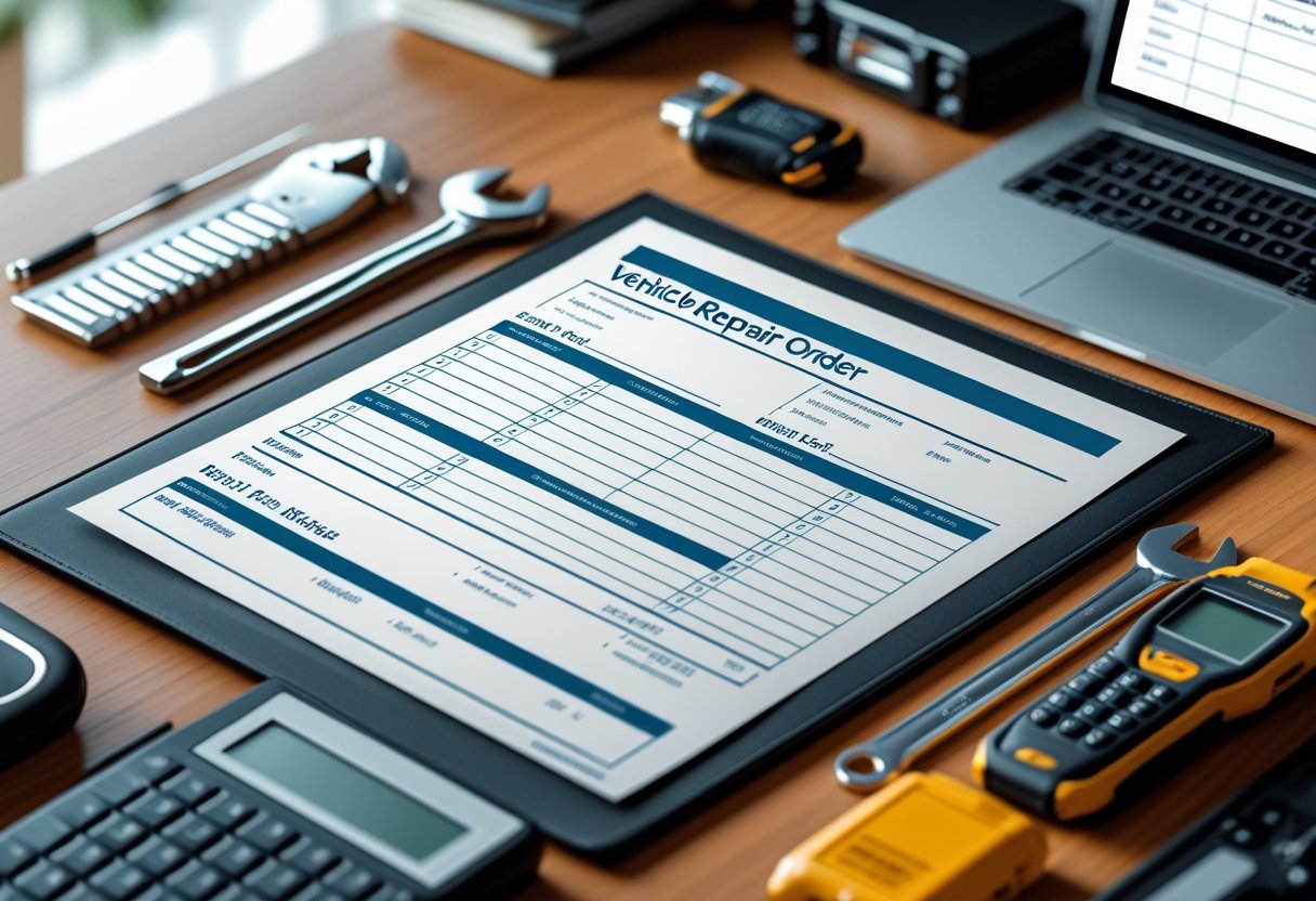 A vehicle repair order form on a desk surrounded by tools and a laptop, showing an organized workspace for vehicle repair documentation.