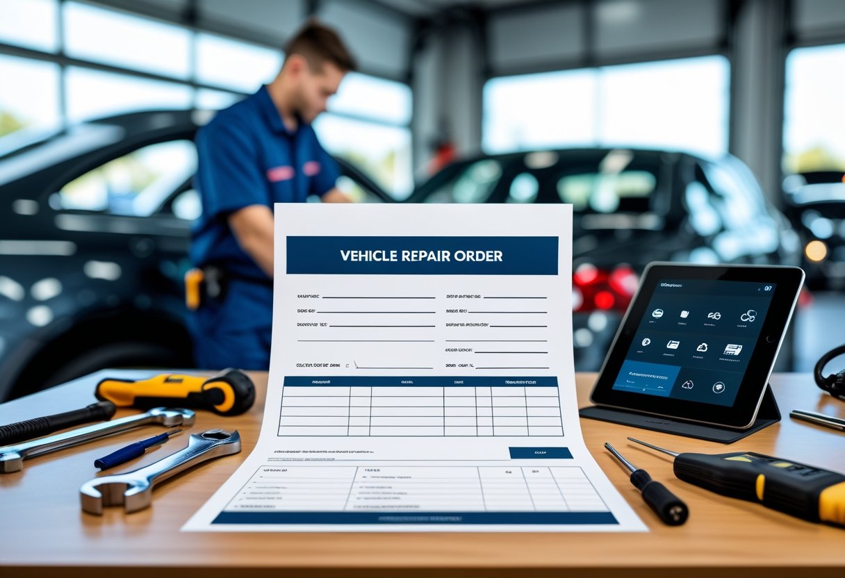 A vehicle repair order form on a desk surrounded by automotive tools with a mechanic working on a car in the background.