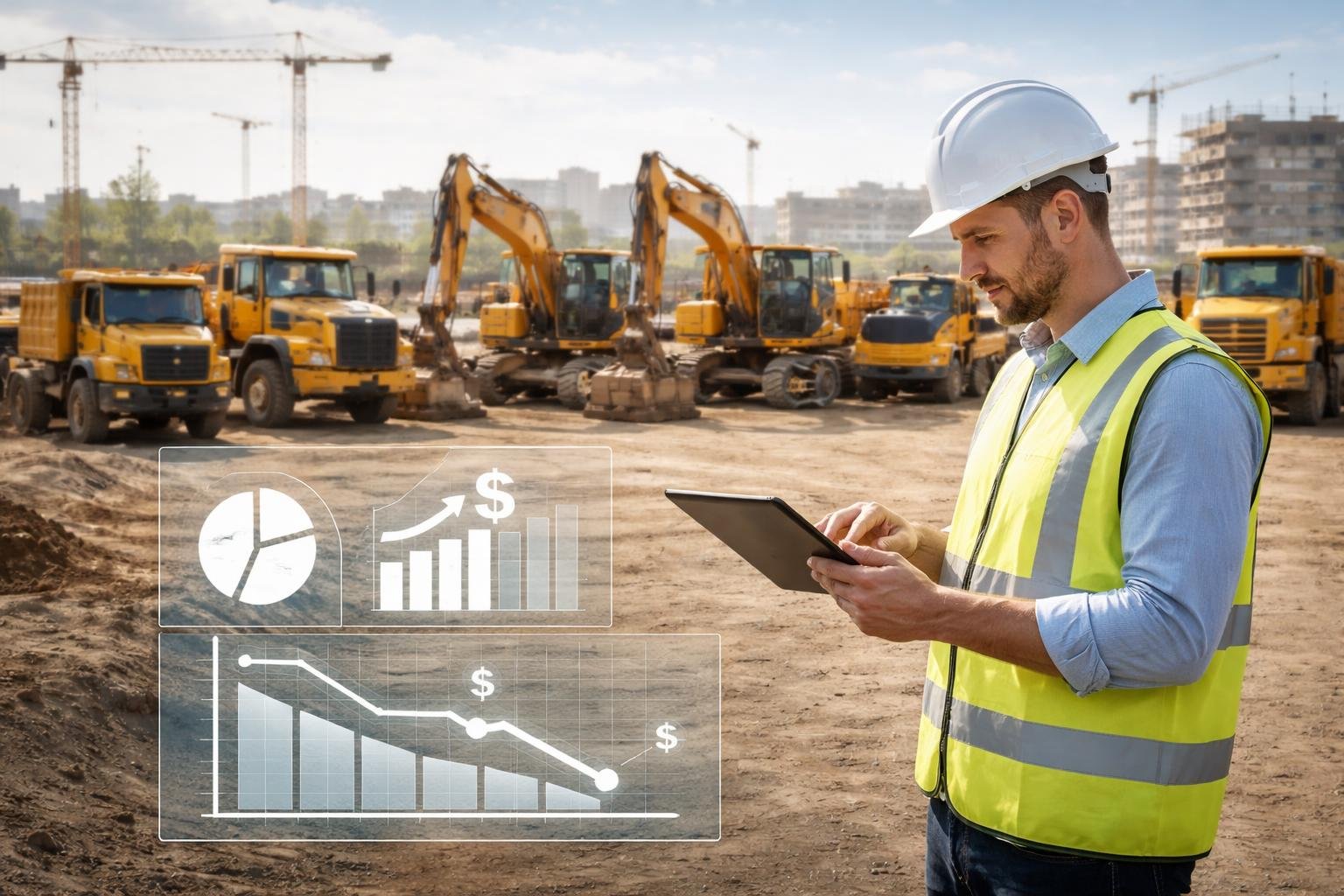 A fleet manager in a safety vest using a tablet while standing near a group of construction vehicles at a construction site.