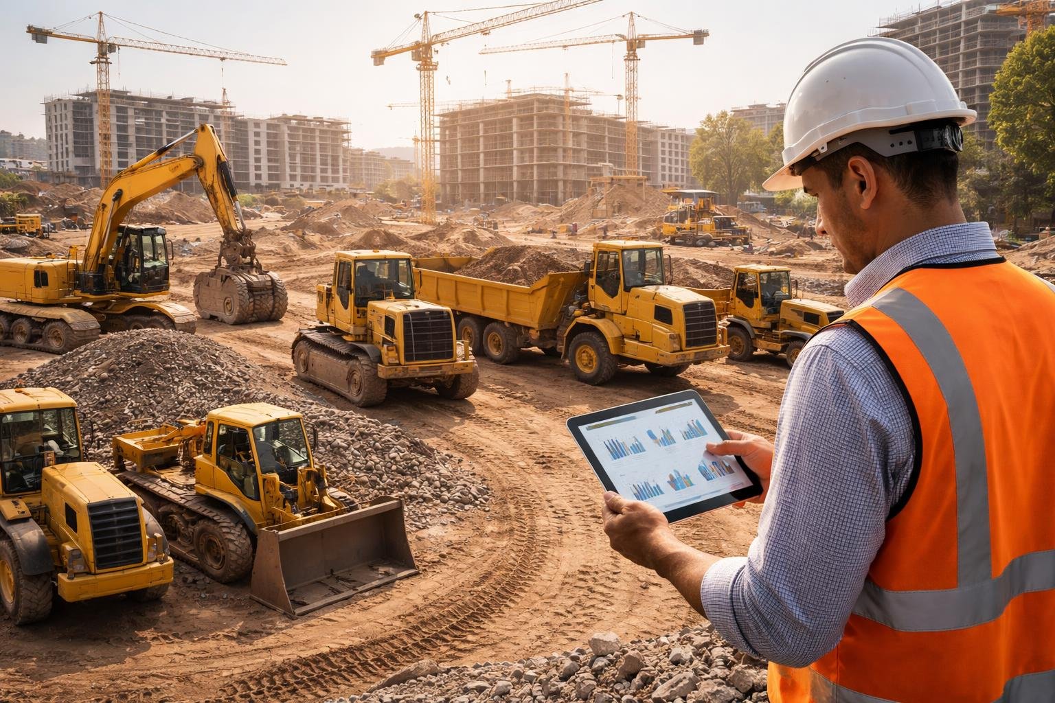 A construction manager reviews a digital tablet near a group of construction vehicles on an active building site.