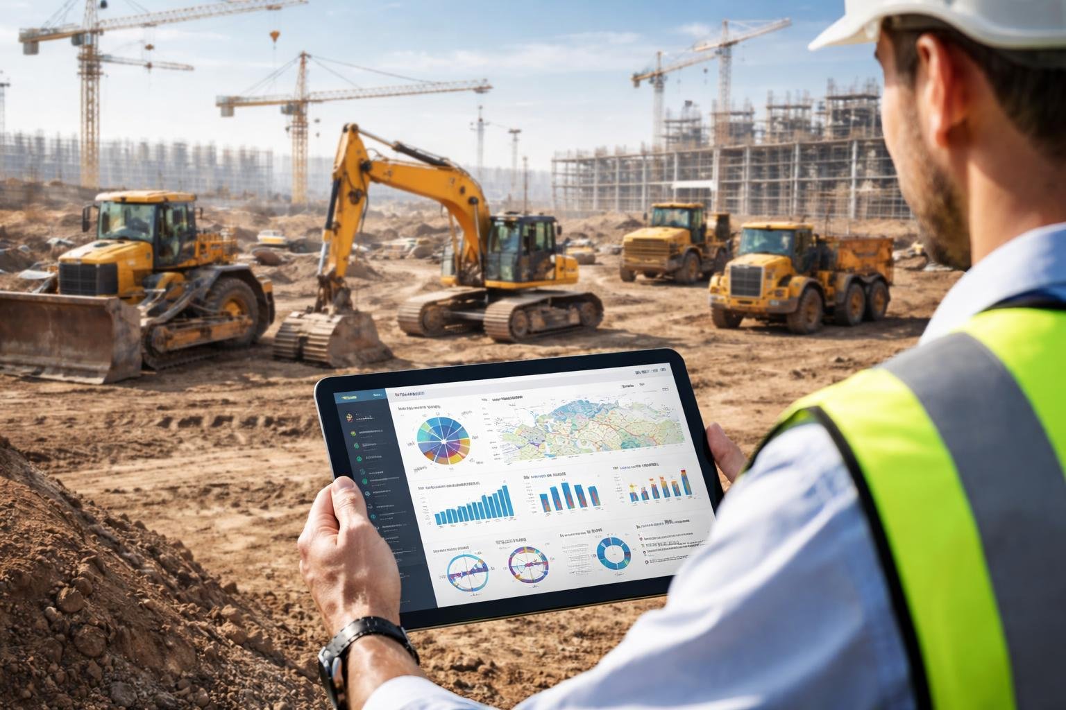 A construction manager viewing analytics on a tablet with heavy machinery and a construction site in the background.