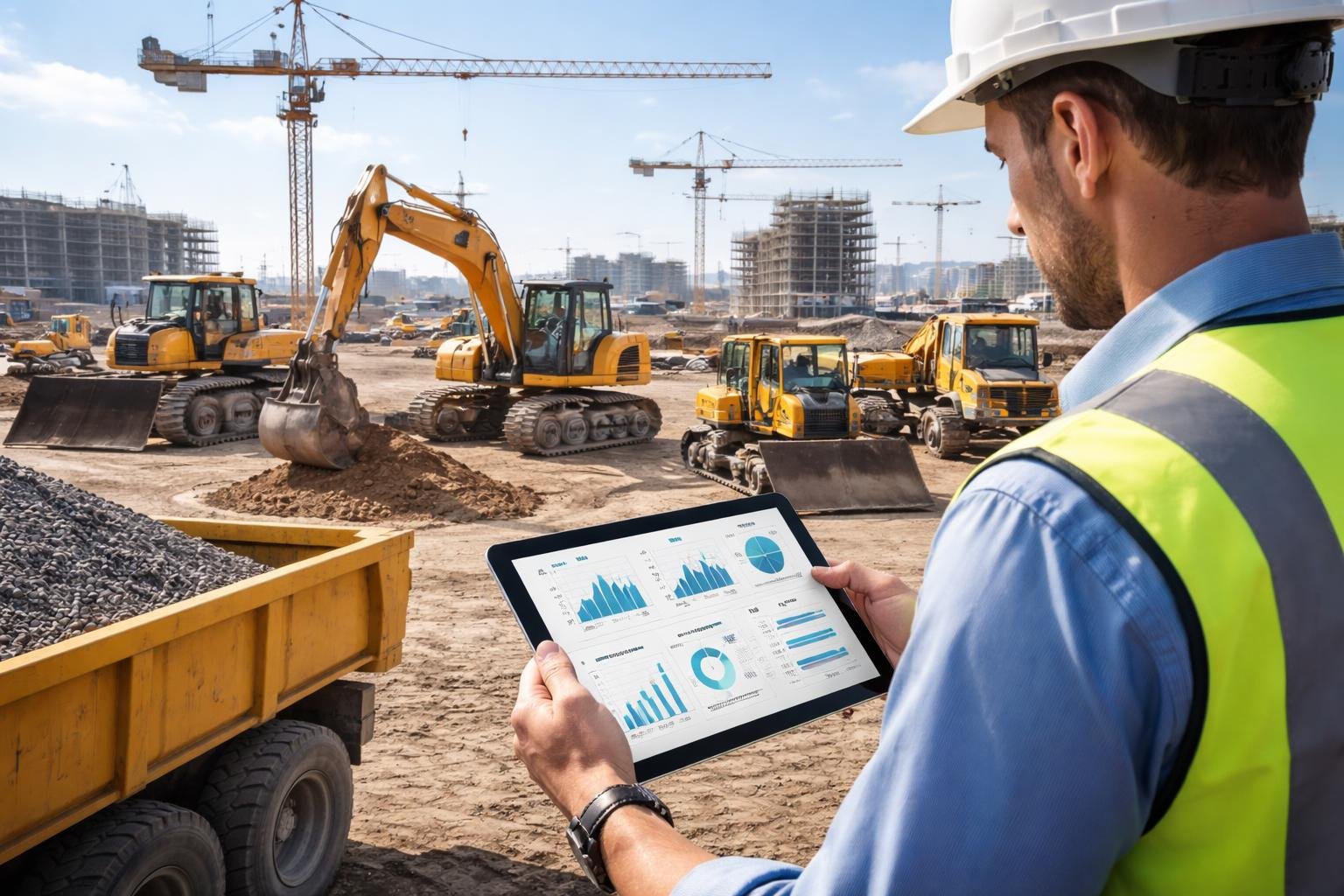 A construction manager reviewing fleet analytics on a tablet with construction vehicles and cranes in the background.