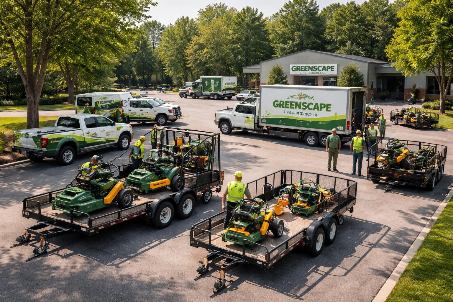 A landscaping fleet with trucks, mowers, and workers preparing equipment in a green outdoor area.