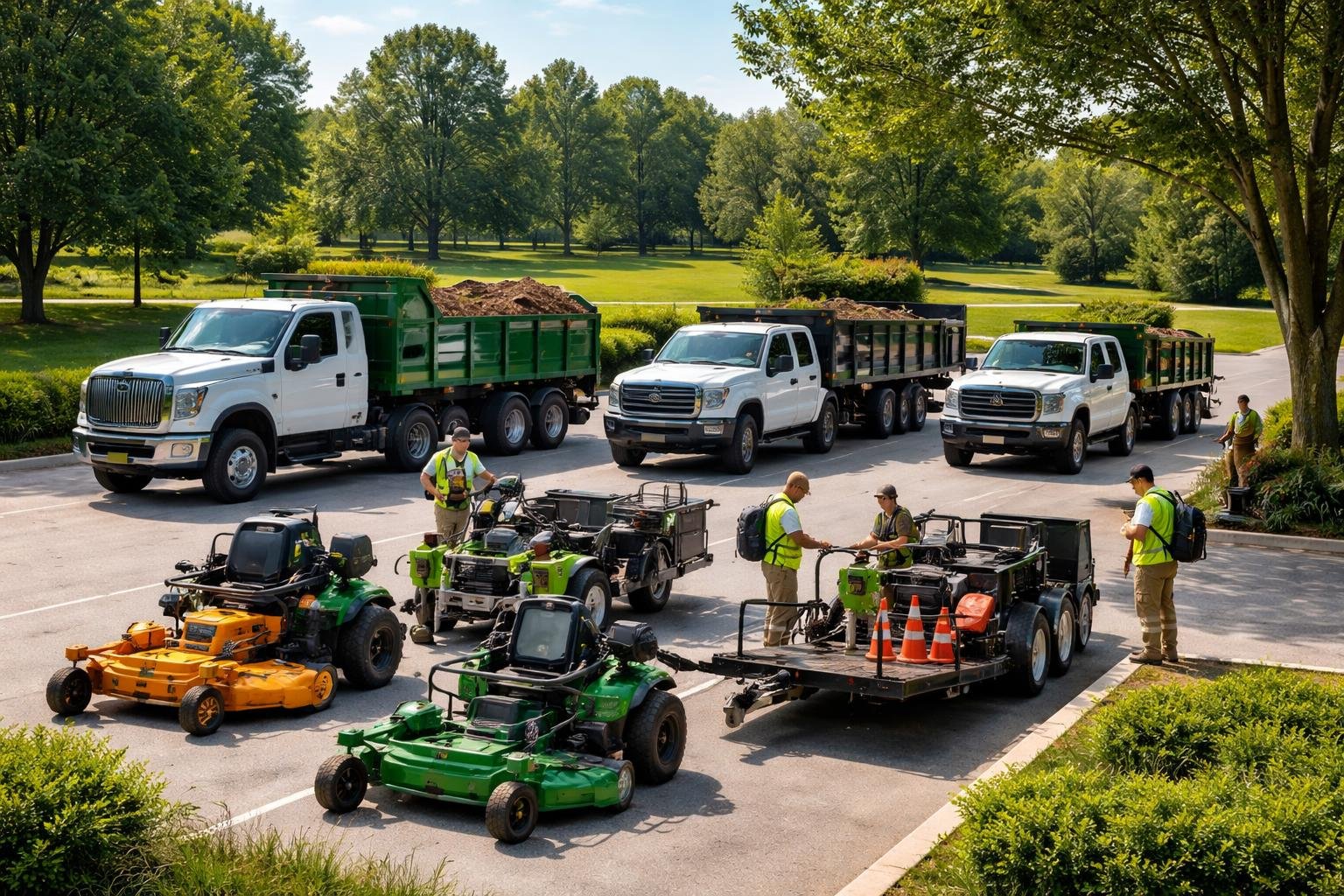 Workers coordinating landscaping vehicles and equipment in an outdoor parking area surrounded by trees and lawns.