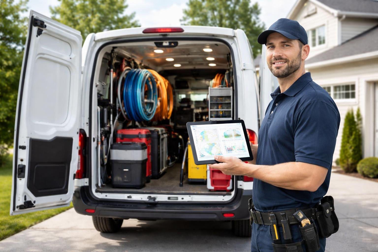 A plumbing service van parked outside a house with a technician holding a tablet showing vehicle monitoring data.