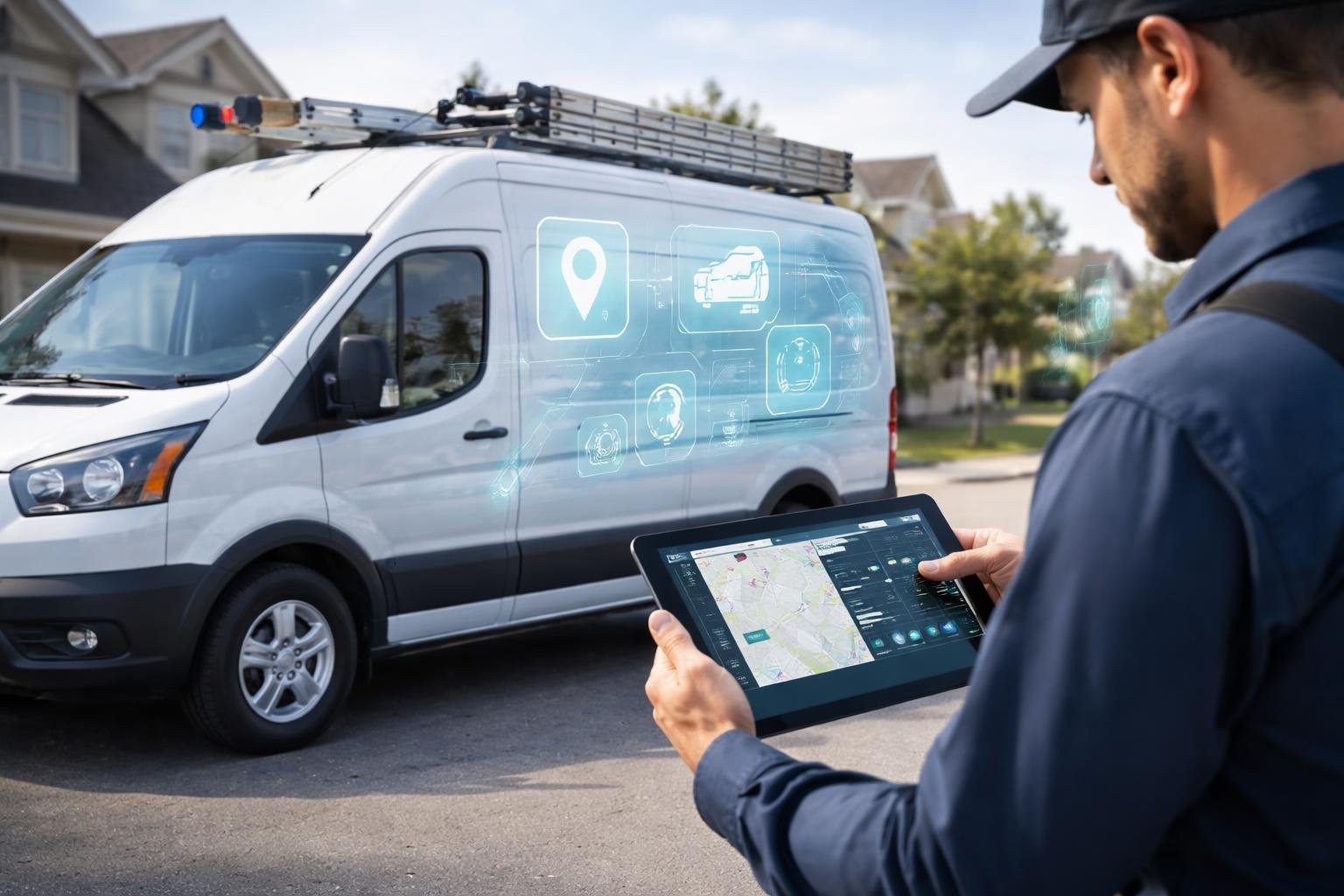 A plumbing service van parked near houses with a technician using a tablet displaying vehicle monitoring data.