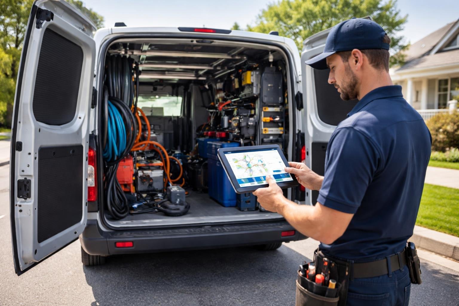 A plumbing technician standing next to a plumbing service van, holding a tablet displaying monitoring data on a suburban street.