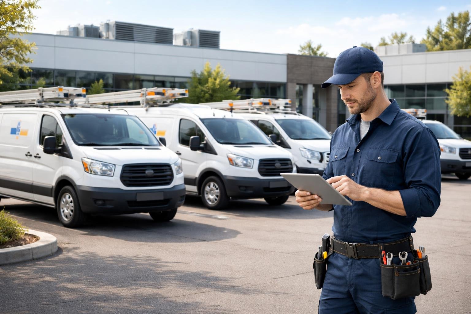 A technician holding a tablet stands near a row of HVAC service vans parked outside a commercial building with rooftop HVAC units.