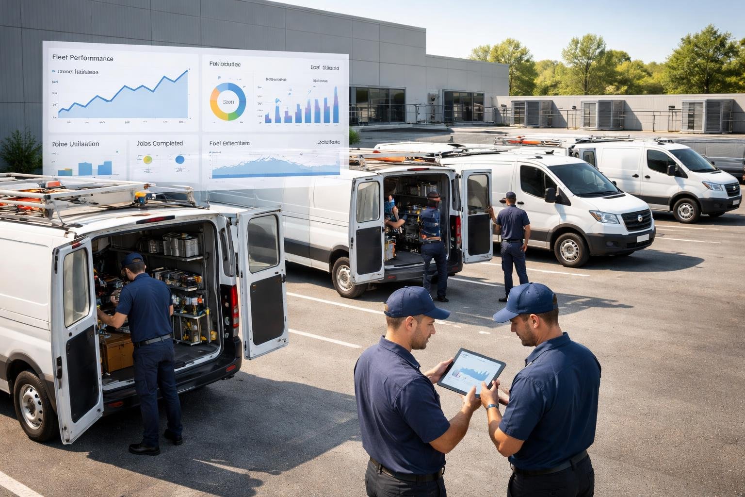 Technicians inspecting HVAC service vans parked outside a commercial building with HVAC units on the roof.