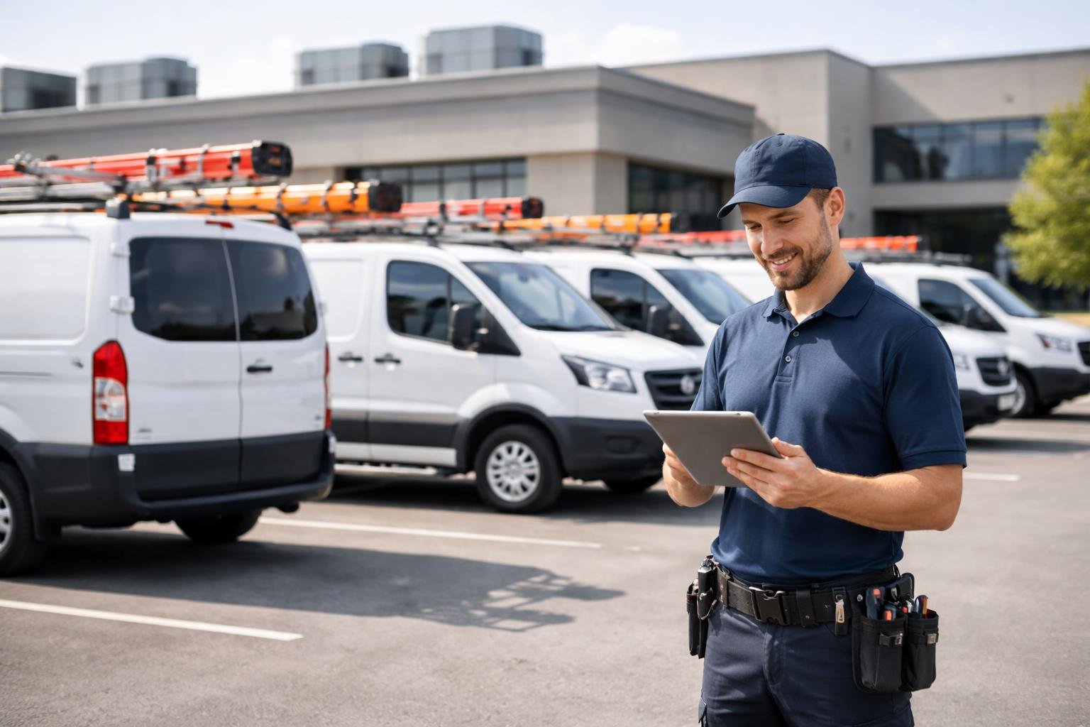 A technician with a tablet stands near a row of HVAC service vans parked outside a commercial building with rooftop HVAC units.