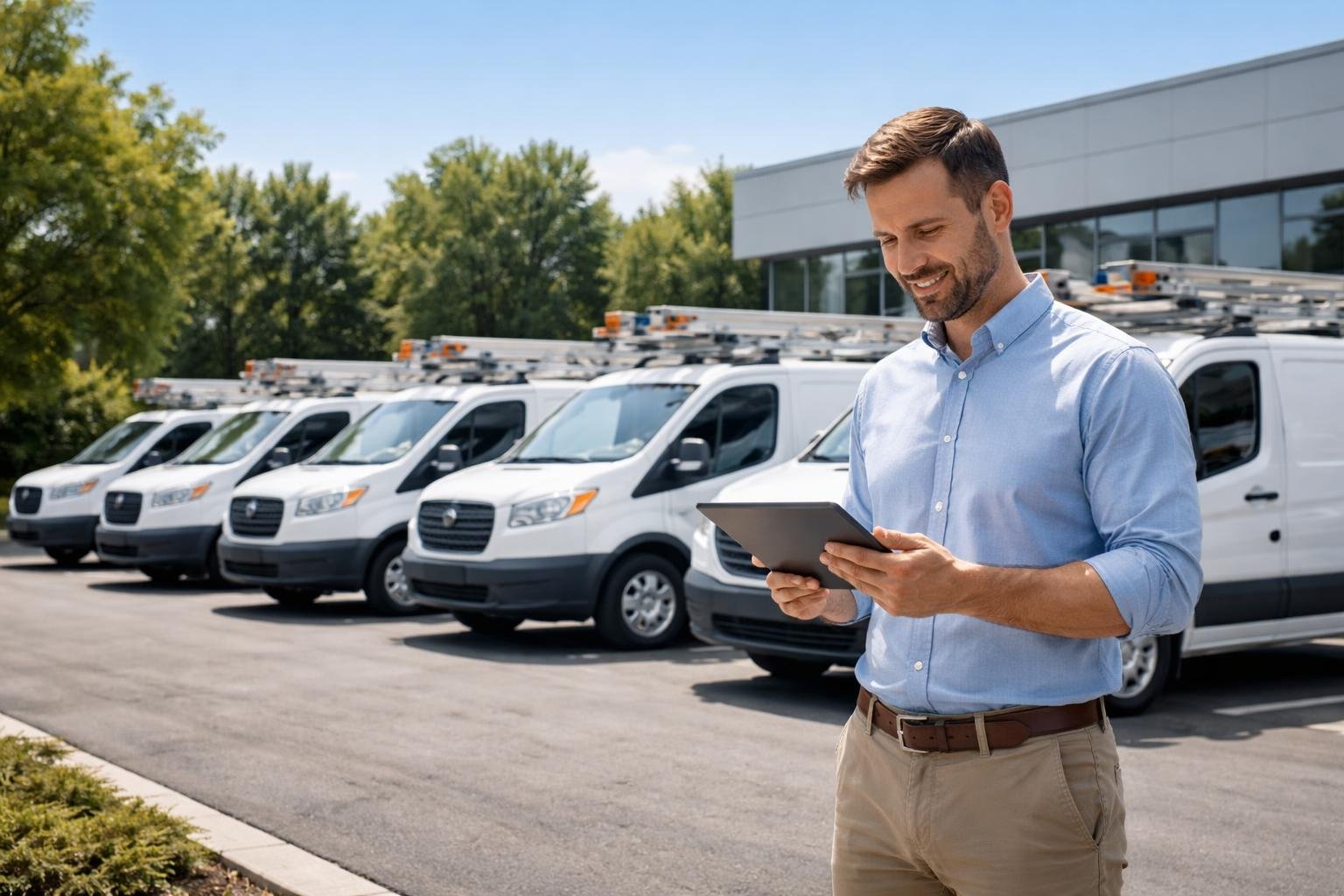 A fleet manager reviews data on a tablet in front of several parked HVAC service vans outside a commercial building.