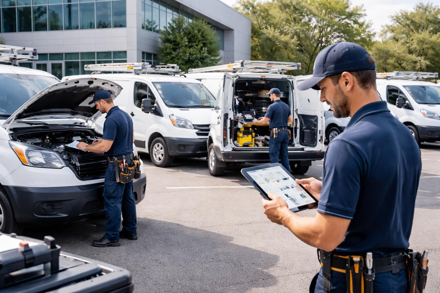 Technicians inspecting HVAC service vans and using digital tablets in a company parking lot with an office building in the background.