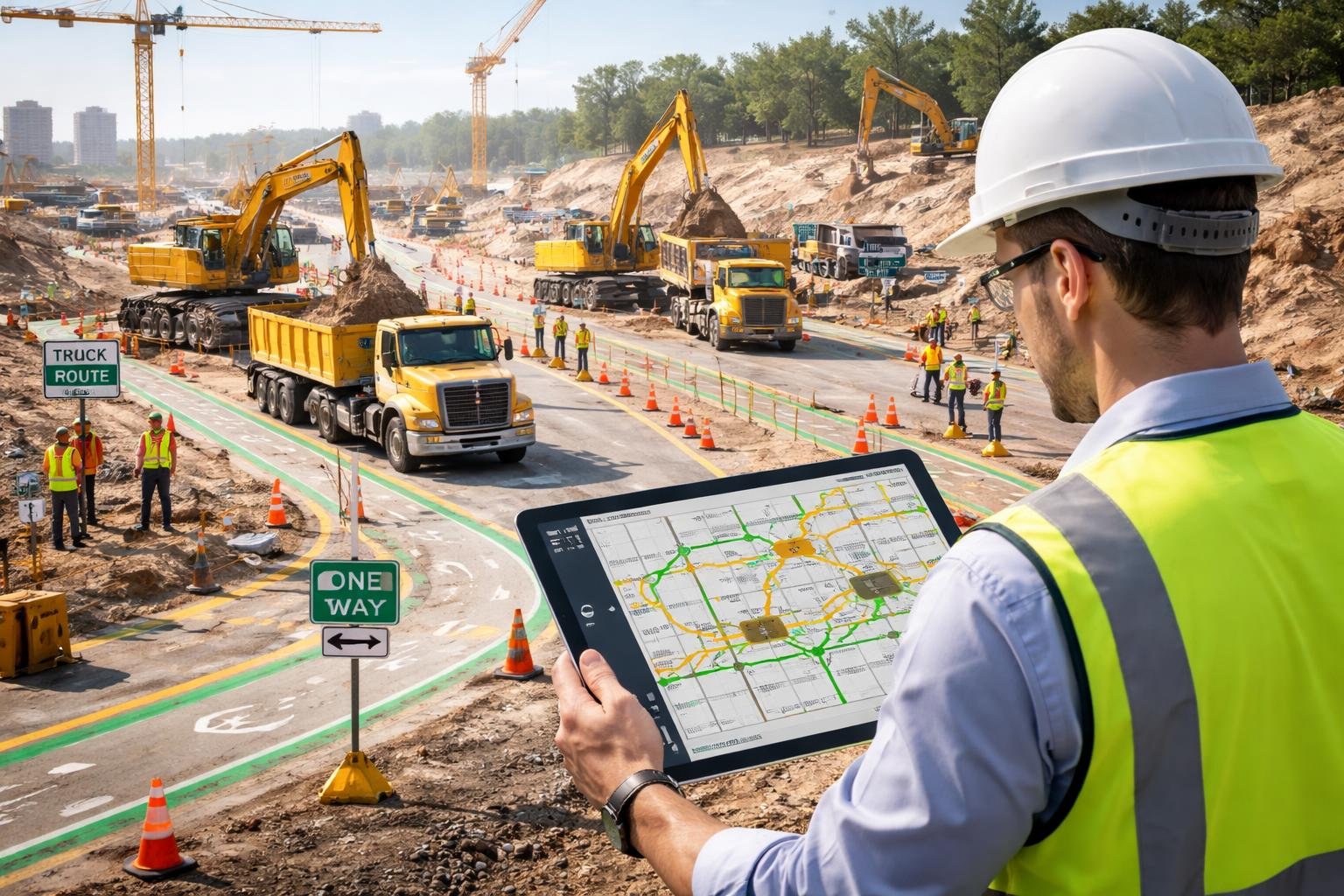 A construction site with heavy machinery moving along marked routes and a project manager reviewing a digital tablet showing route maps.