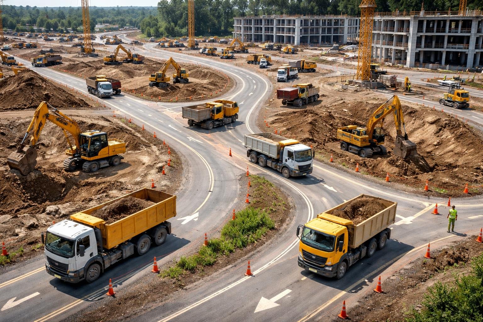 A construction site with vehicles and workers following organized routes to efficiently move materials and equipment.