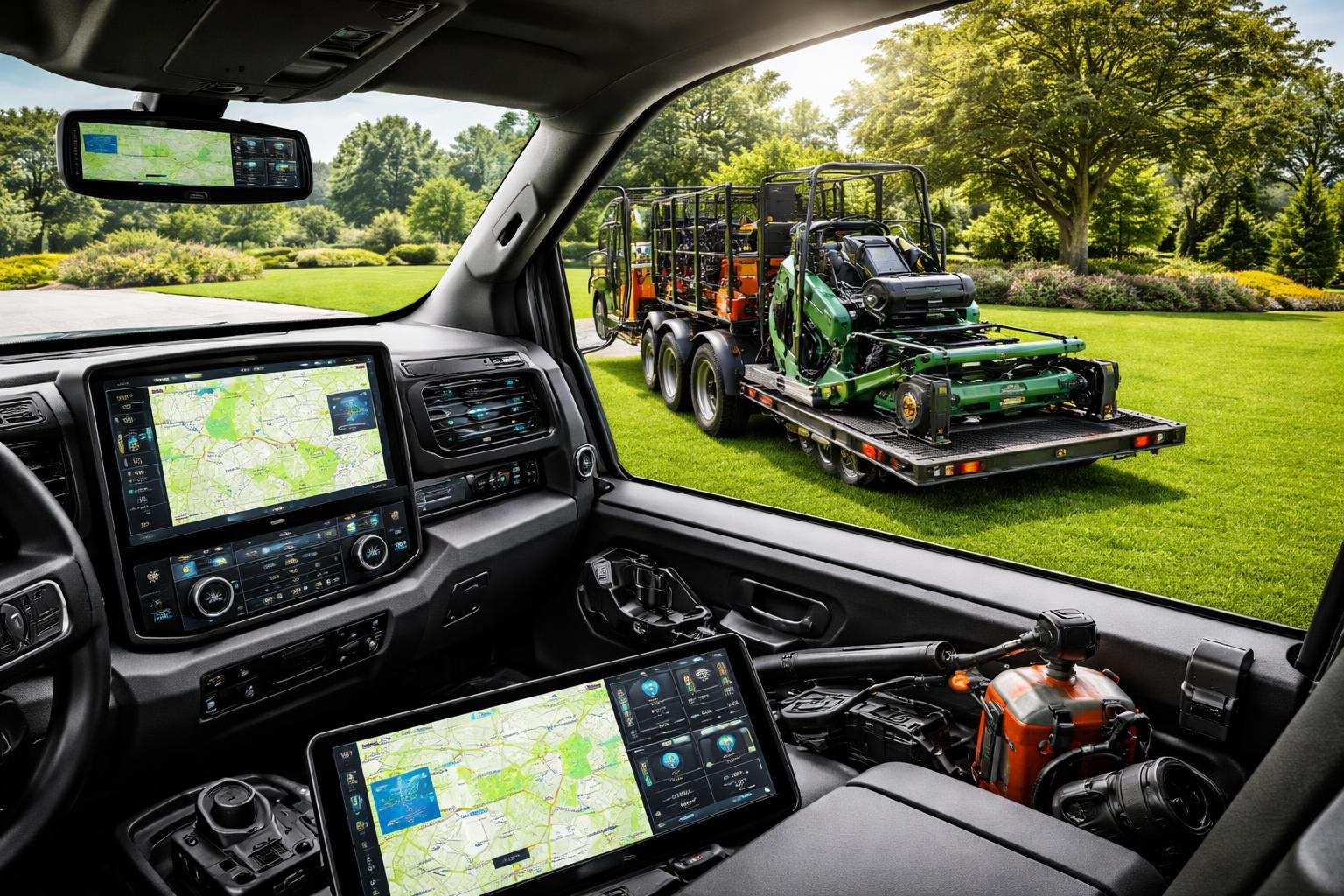 A landscaping vehicle with digital screens on its dashboard parked on a green lawn near a landscaped garden.
