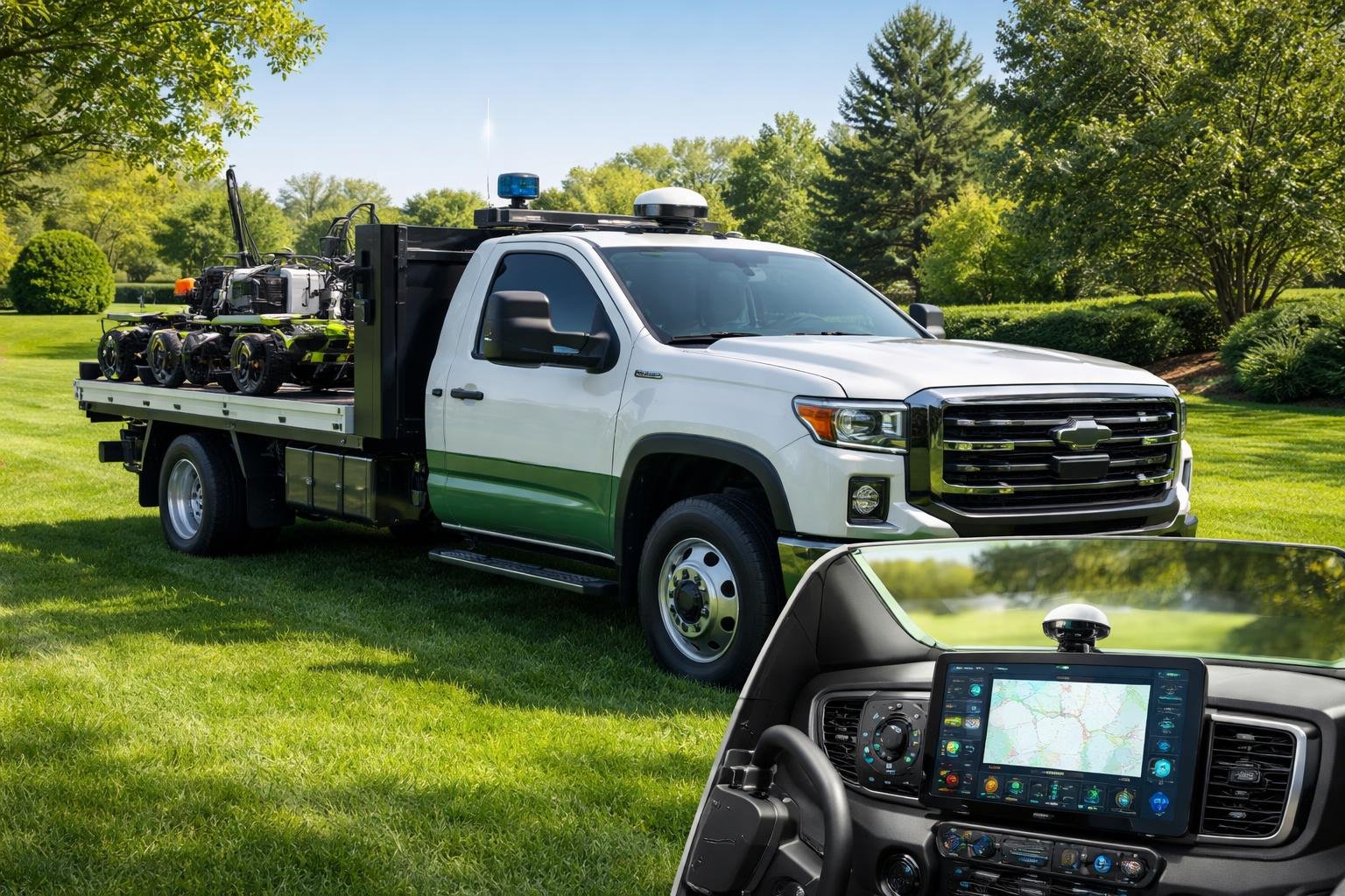 A landscaping vehicle parked on a green lawn with trees in the background, showing telematics equipment like sensors and GPS antennas.