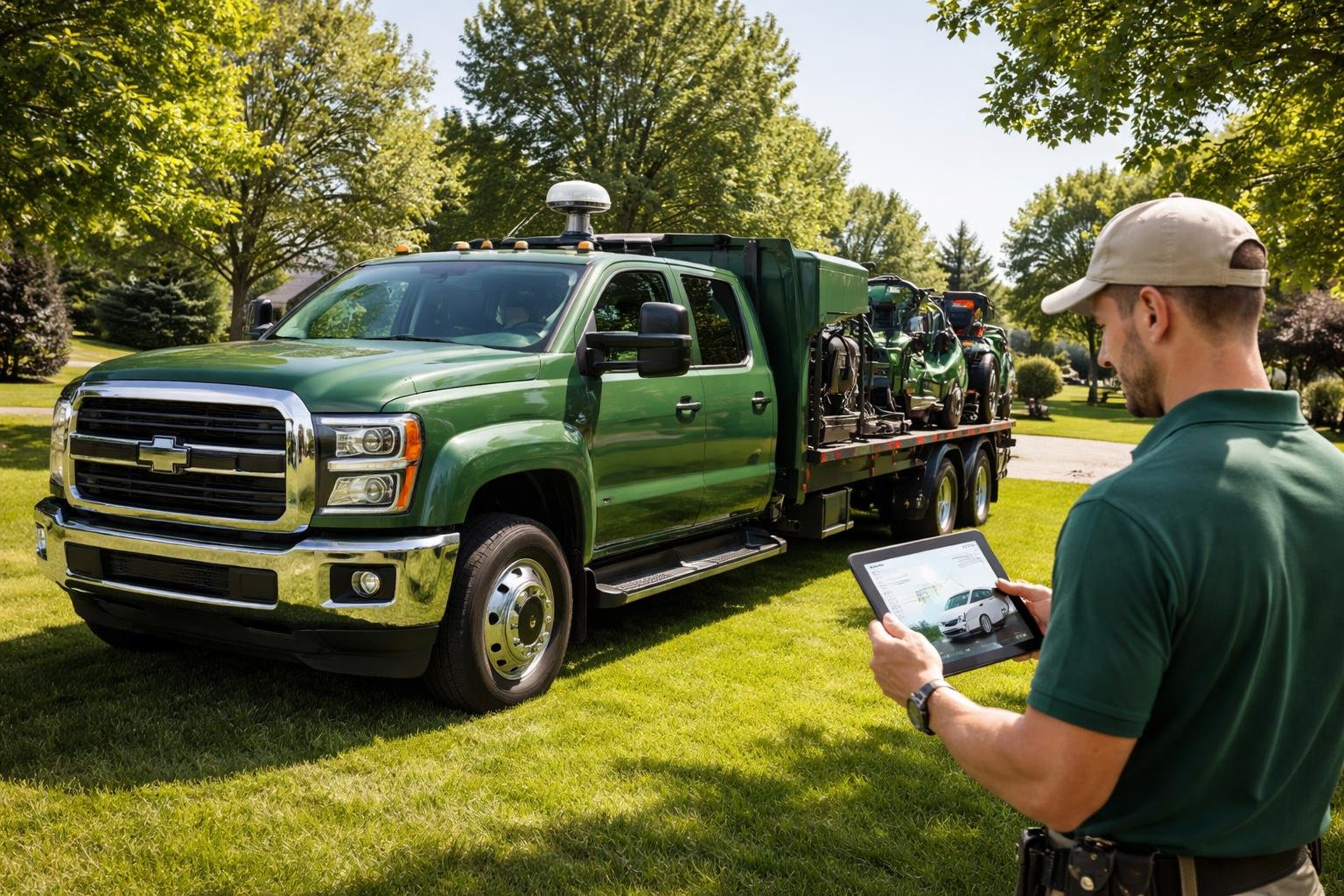 A landscaping vehicle parked on a lawn with a person using a tablet nearby to monitor its telematics devices.