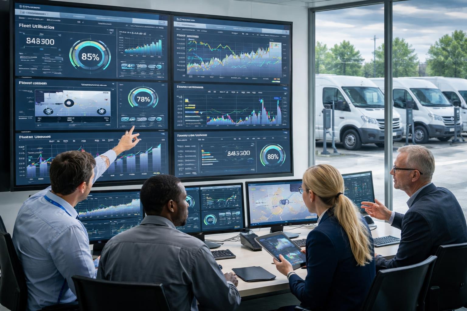 Professionals analyzing data on screens in an office overlooking electric delivery vehicles and charging stations.