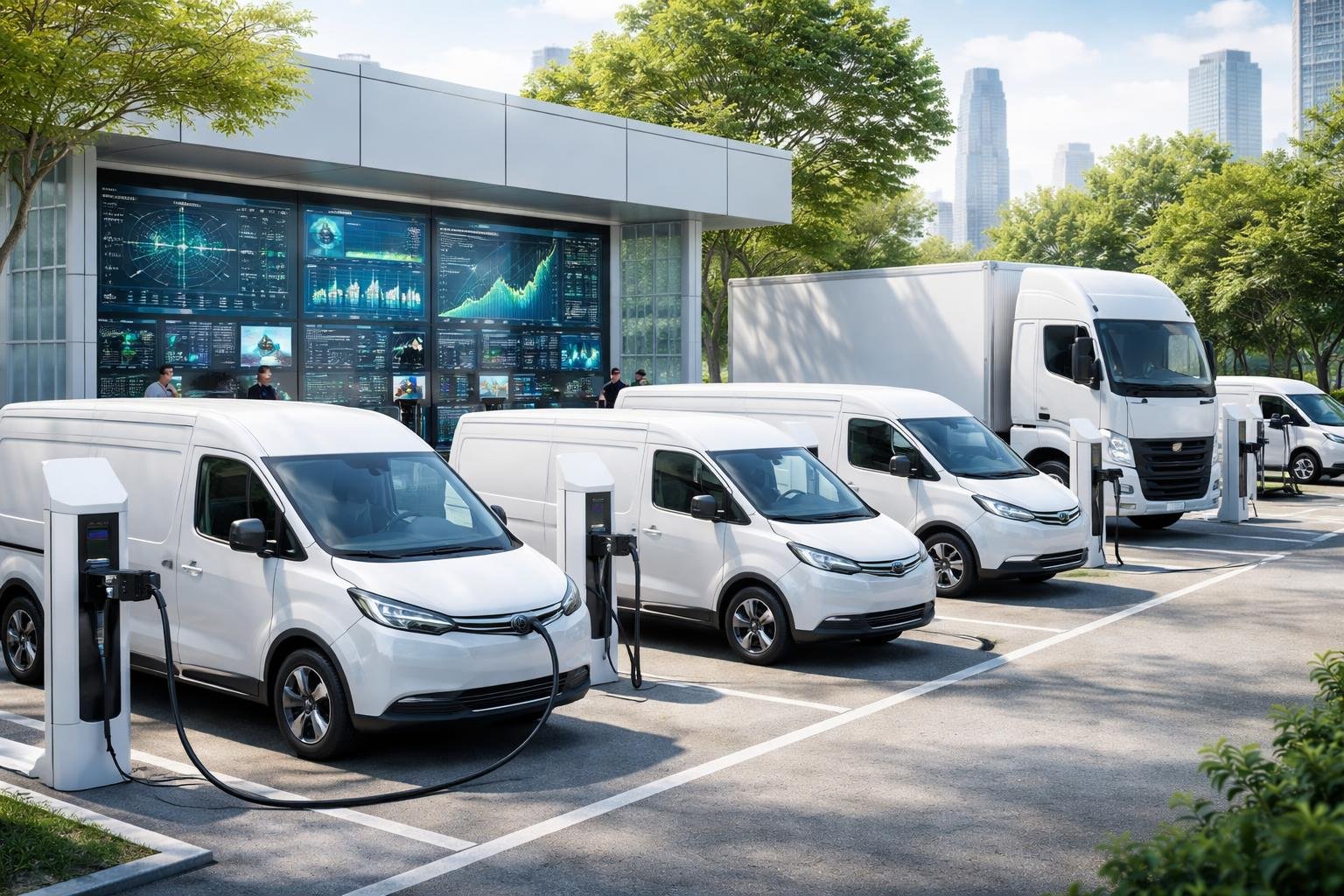 Electric delivery vans charging at a station with a control center showing fleet data in the background.