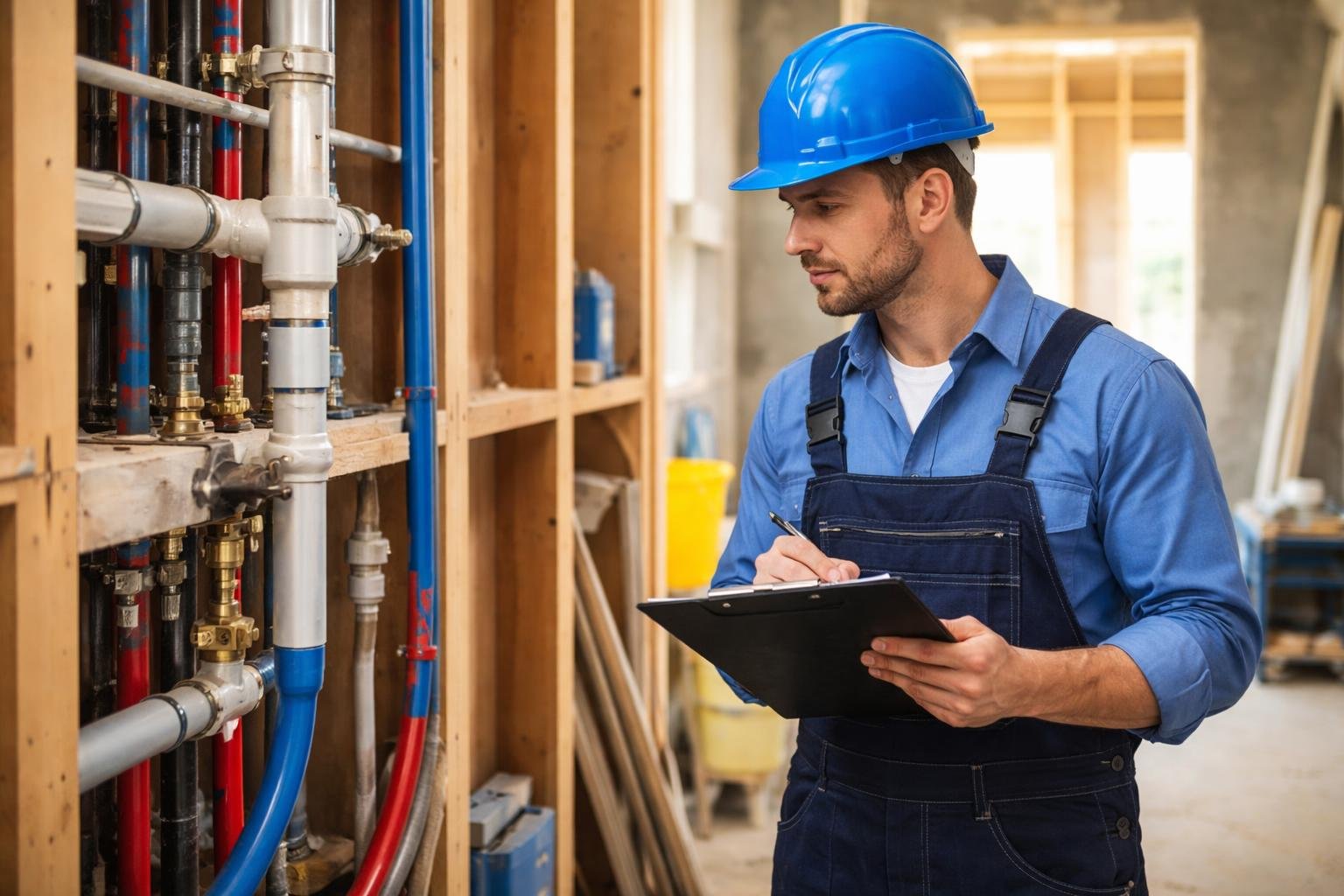 A plumber wearing a hard hat inspects exposed pipes and plumbing fixtures at a residential construction site while holding a clipboard.