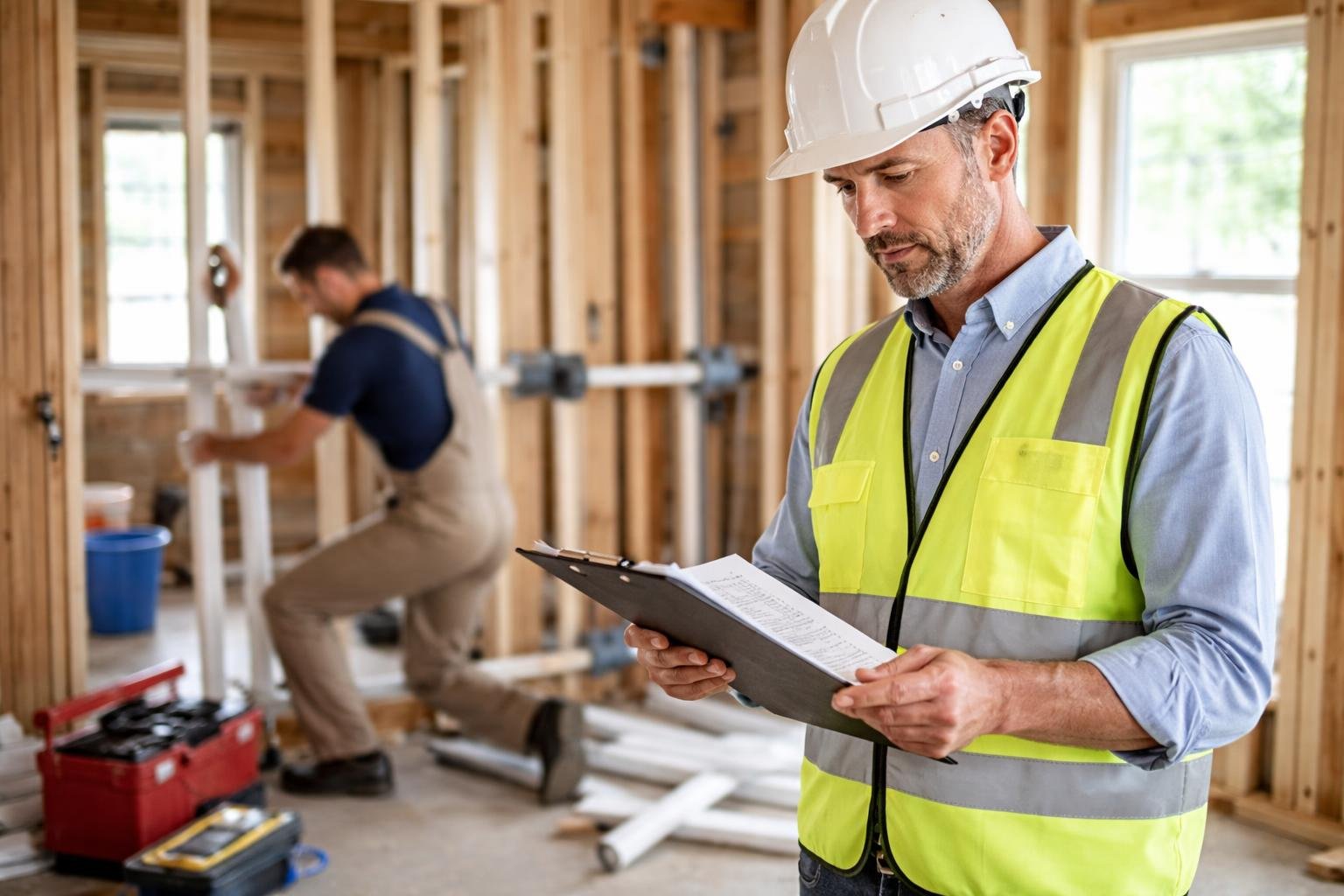 An inspector reviewing documents while a plumber inspects pipes at a residential plumbing job site.