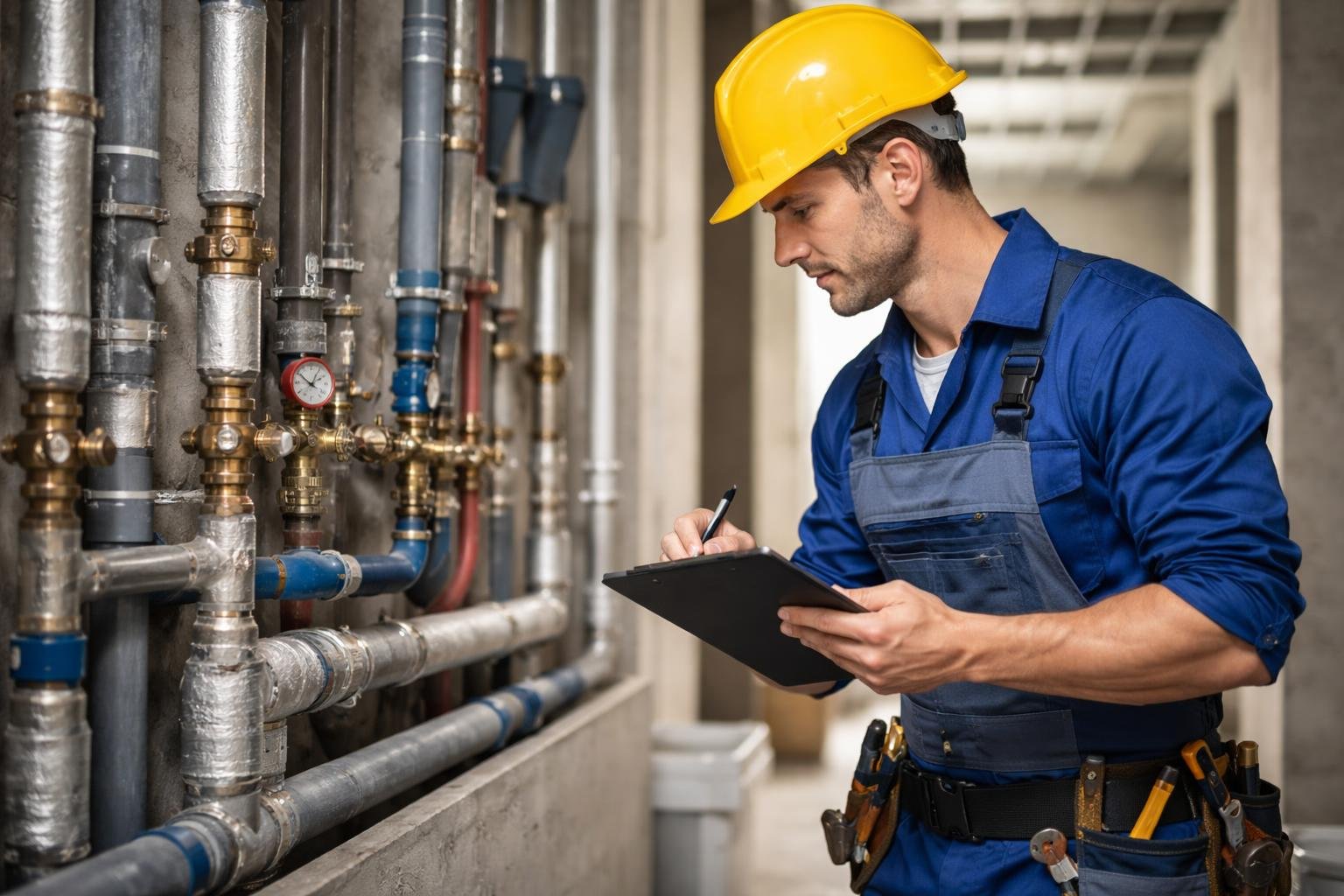 A plumber wearing a hard hat inspects pipes and uses a tablet inside a building under construction.