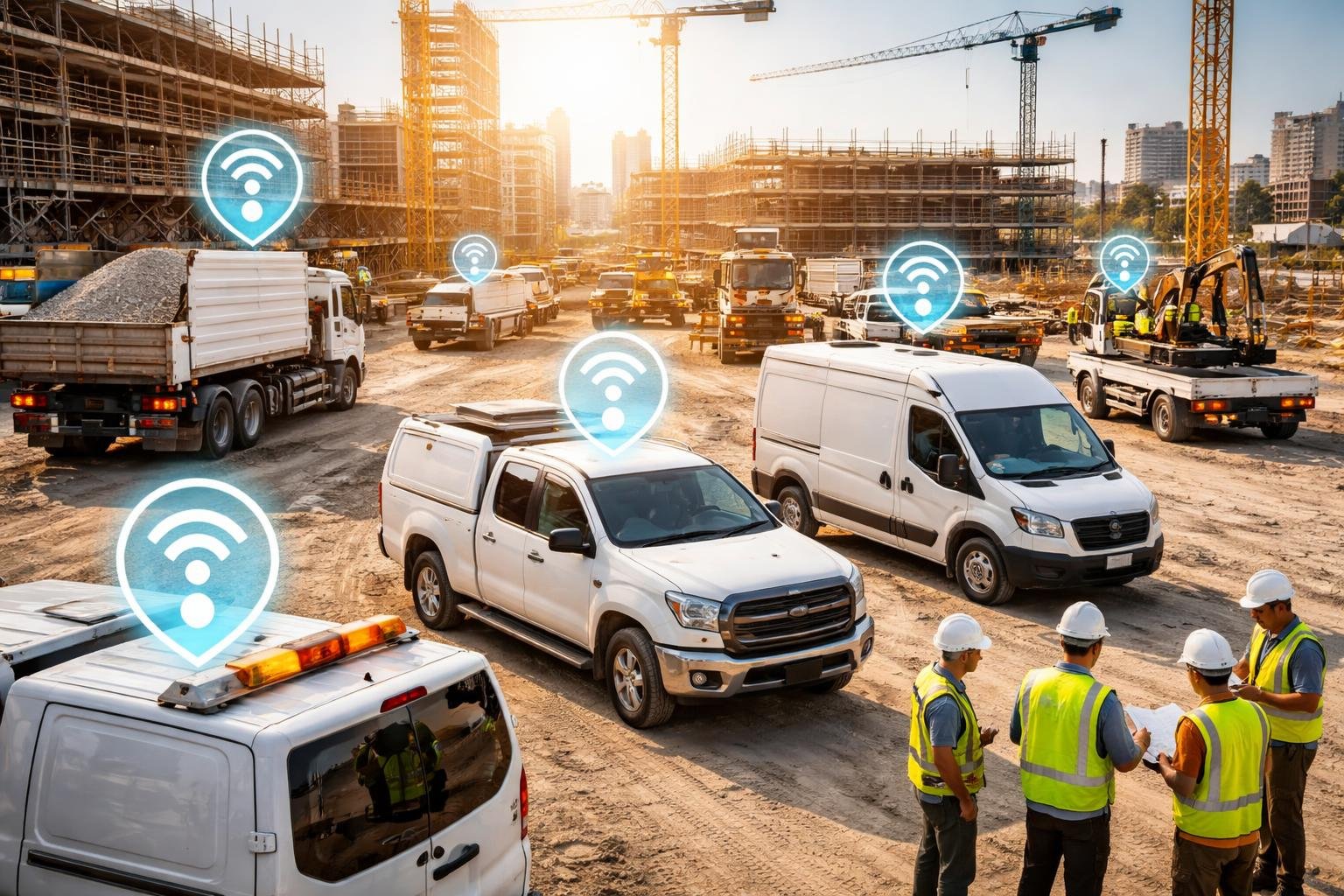 Construction site with service vehicles and workers coordinating, showing technology used for vehicle tracking.