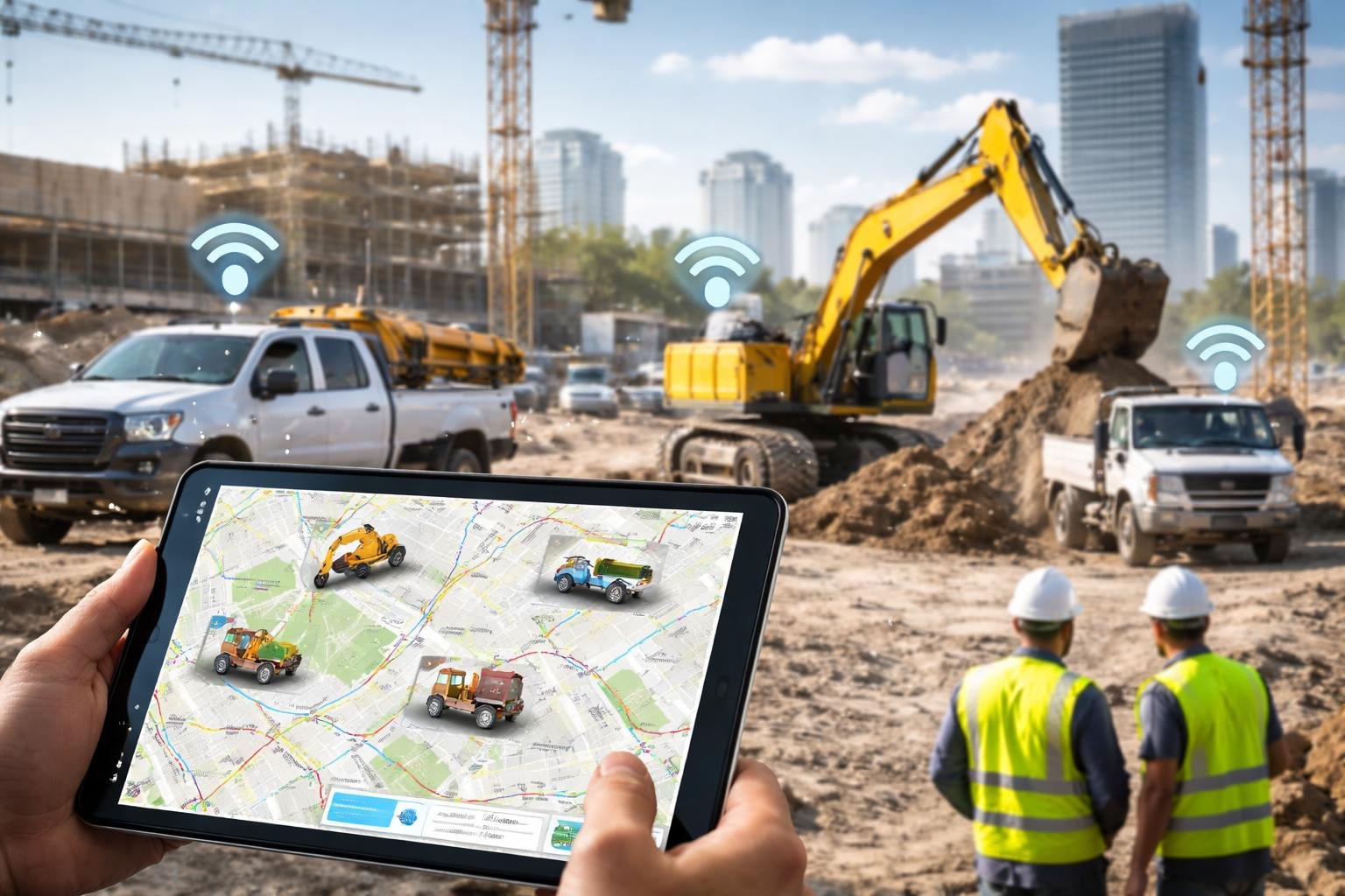 Construction site with service vehicles tracked on a digital map displayed on a tablet, workers in safety gear in the background.