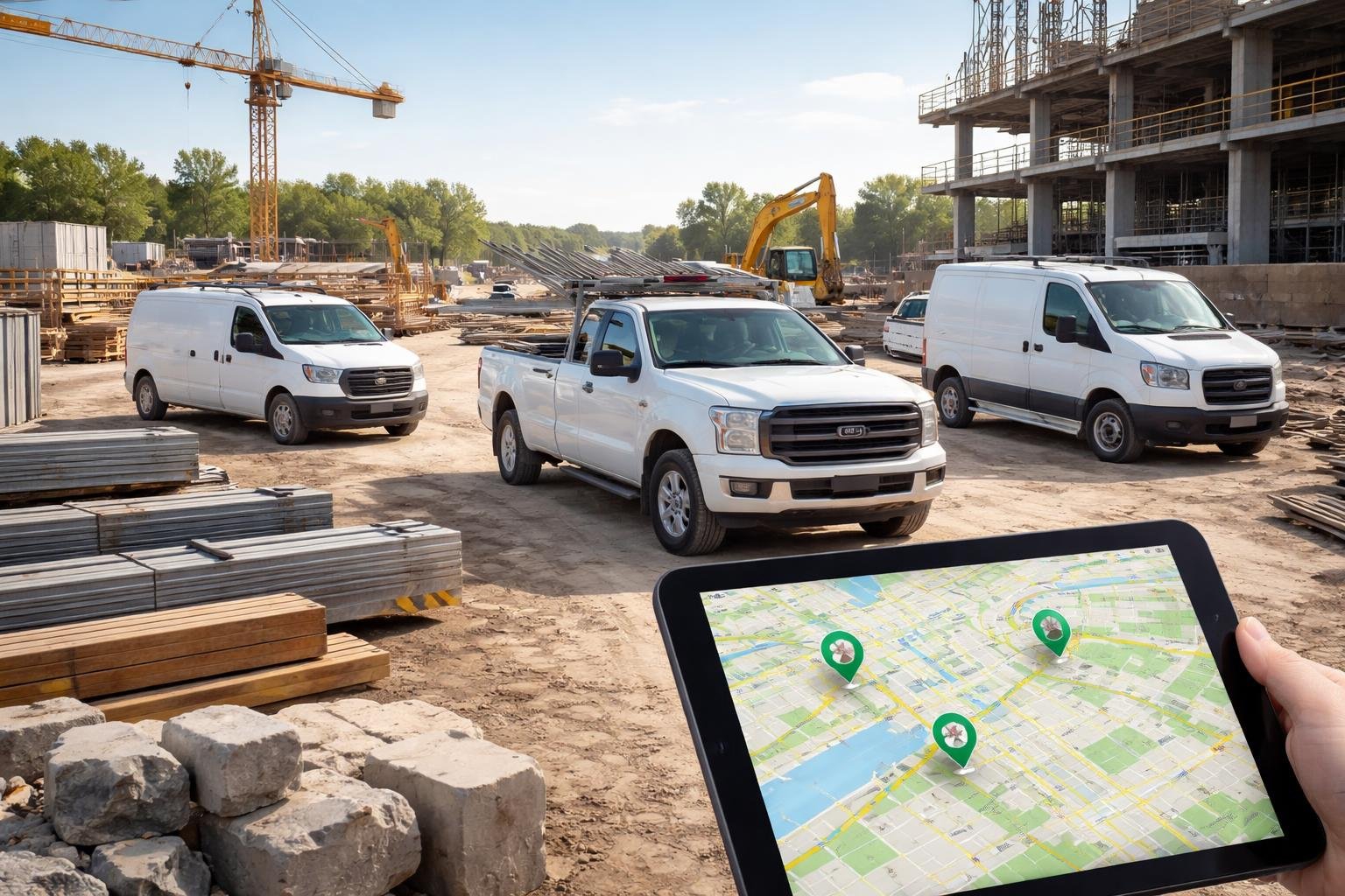 Construction site with service vehicles and a digital device showing GPS tracking of the vehicles on a map.