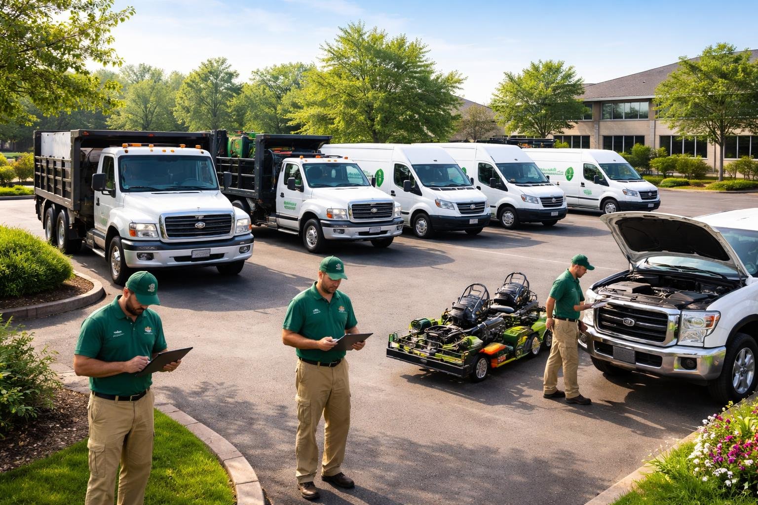 Landscaping workers inspecting parked landscaping trucks and vans in a clean lot surrounded by greenery.