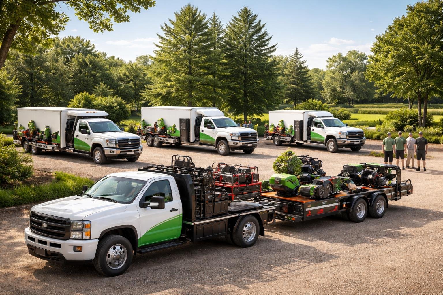A neatly parked landscaping fleet with trucks and equipment, landscapers coordinating and checking tools outdoors on a sunny day.