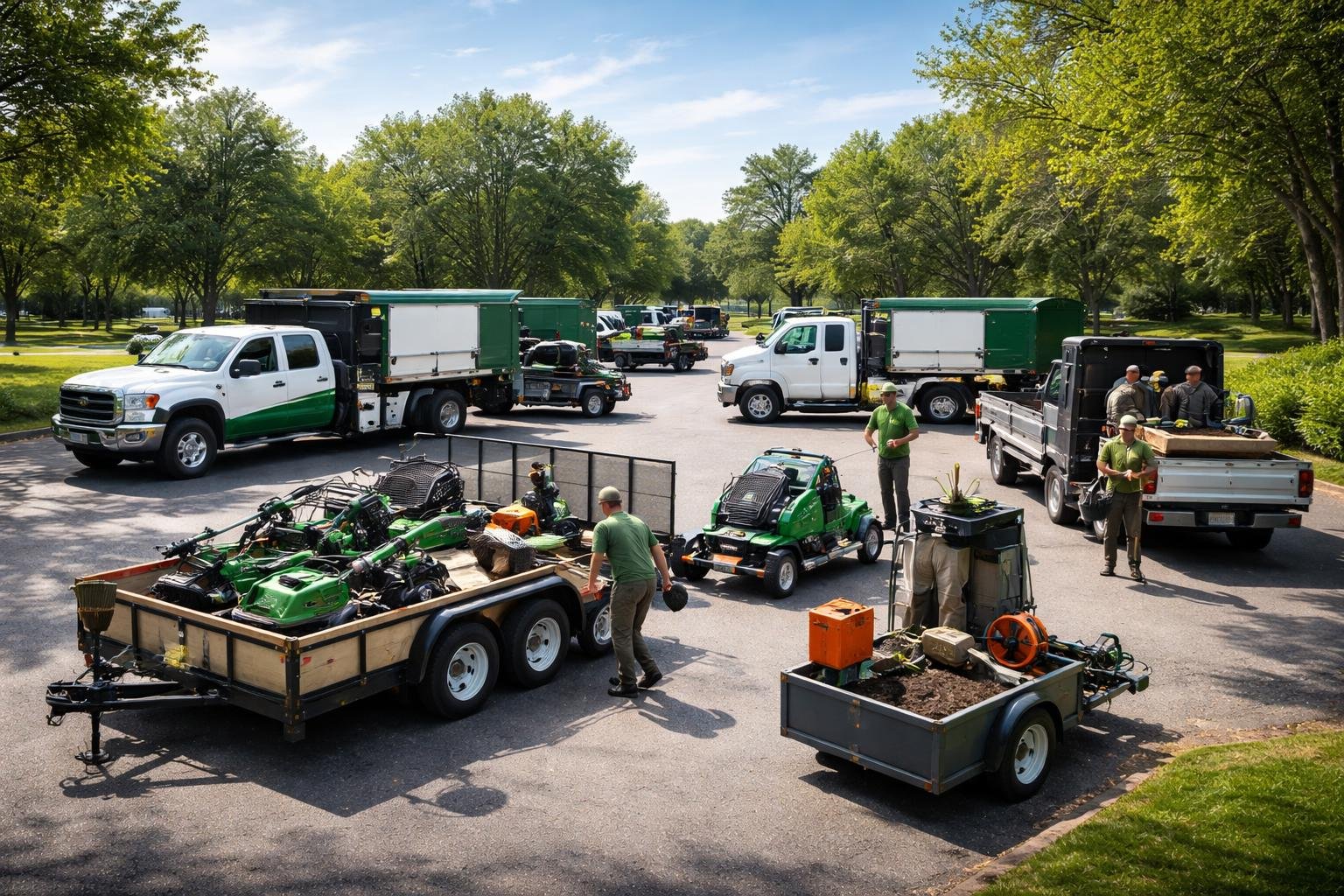 Several landscaping trucks and workers organizing equipment in a clean outdoor lot surrounded by trees and grass.