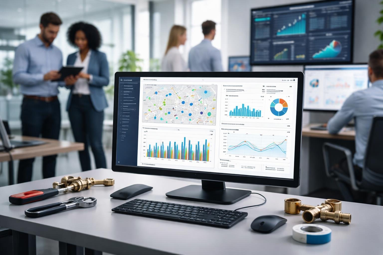 Office setting with professionals reviewing digital dashboards showing data and maps related to plumbing fleet management, with plumbing tools on the desk.