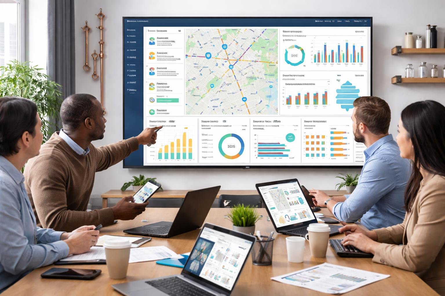 A group of professionals reviewing digital dashboards with plumbing fleet data in a modern office setting.