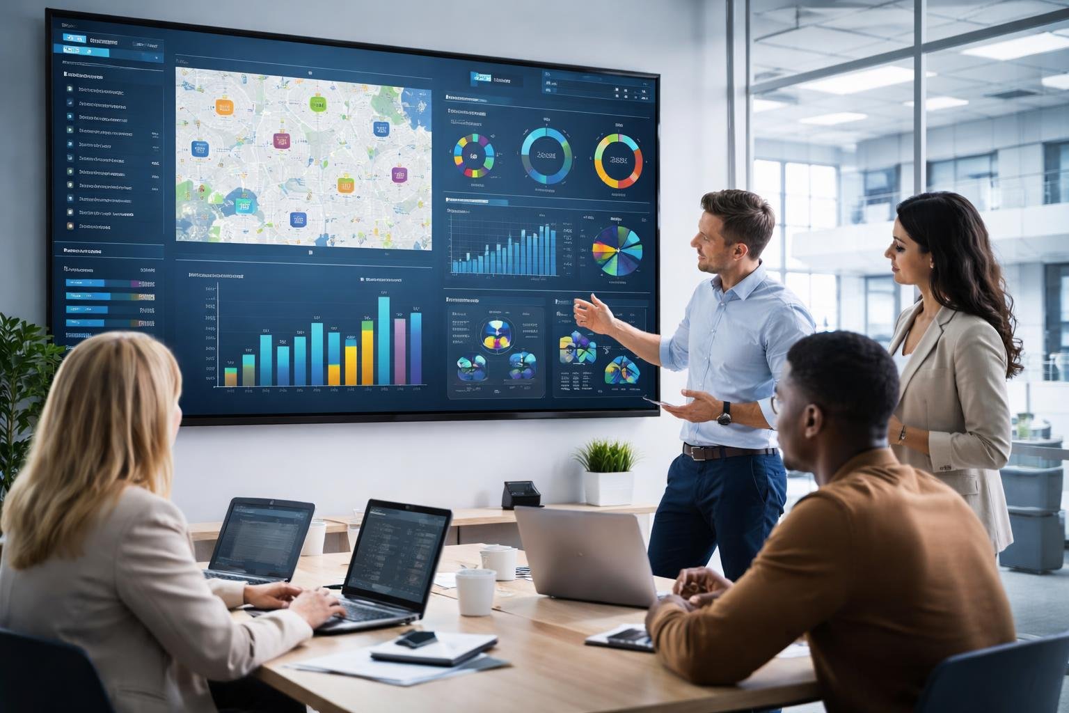 A team of professionals in an office reviewing a large digital dashboard displaying charts and data about plumbing fleet operations.