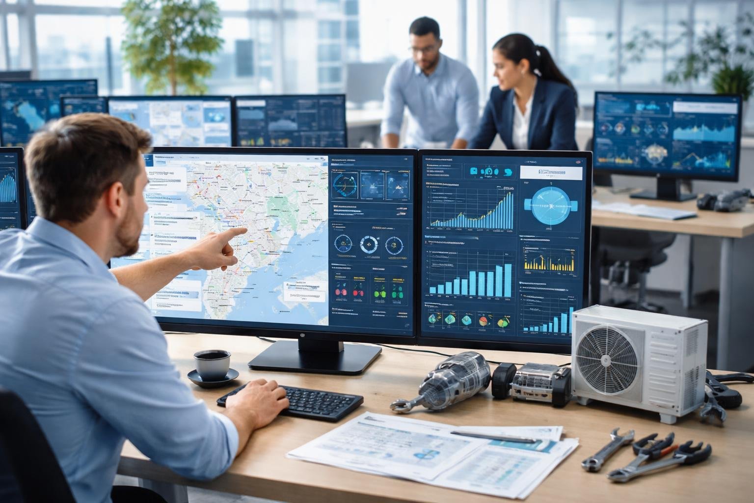 A team of professionals analyzing HVAC fleet performance data on multiple monitors in an office setting.