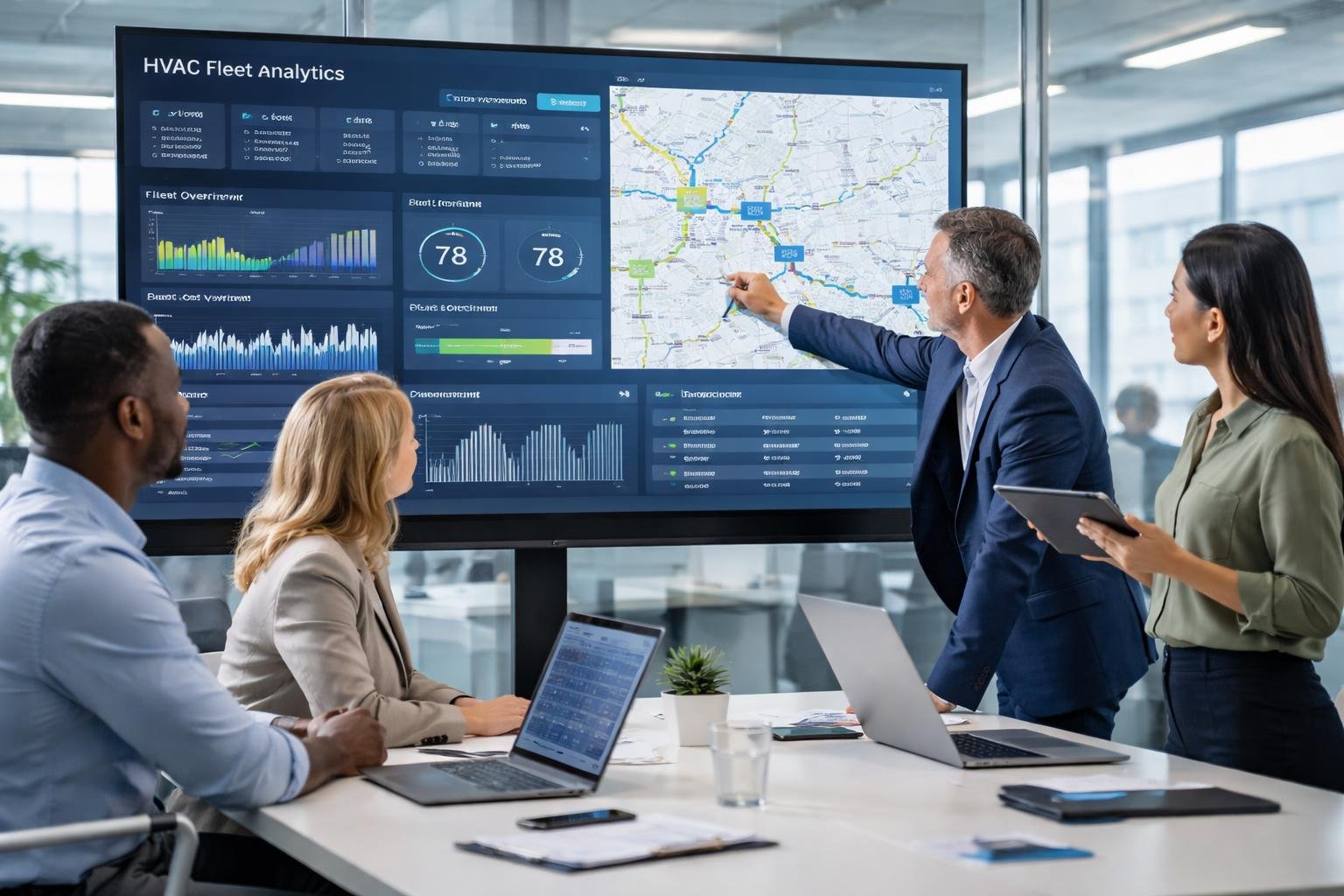 A team of professionals analyzing HVAC fleet data on a large digital screen in a modern office.