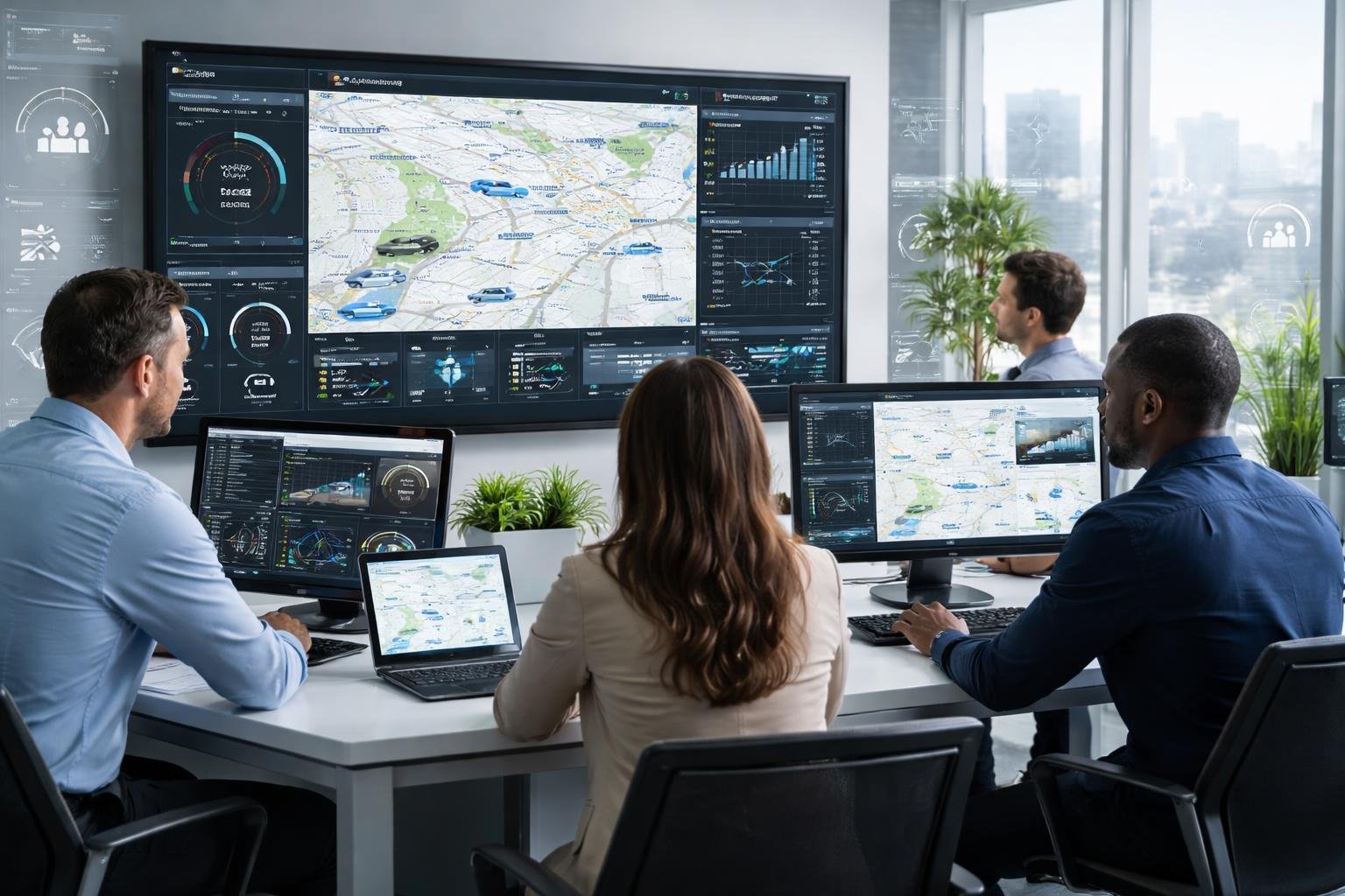 A team of professionals monitoring fleet telematics data on multiple digital screens in a bright office.