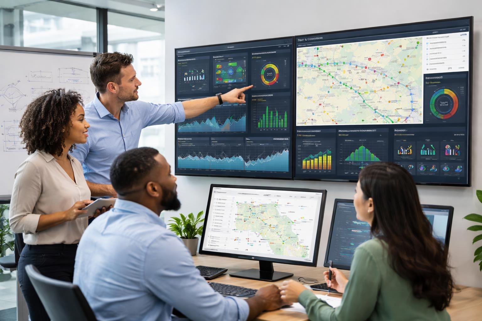 A team of professionals in an office analyzing fleet telematics data on multiple computer screens.