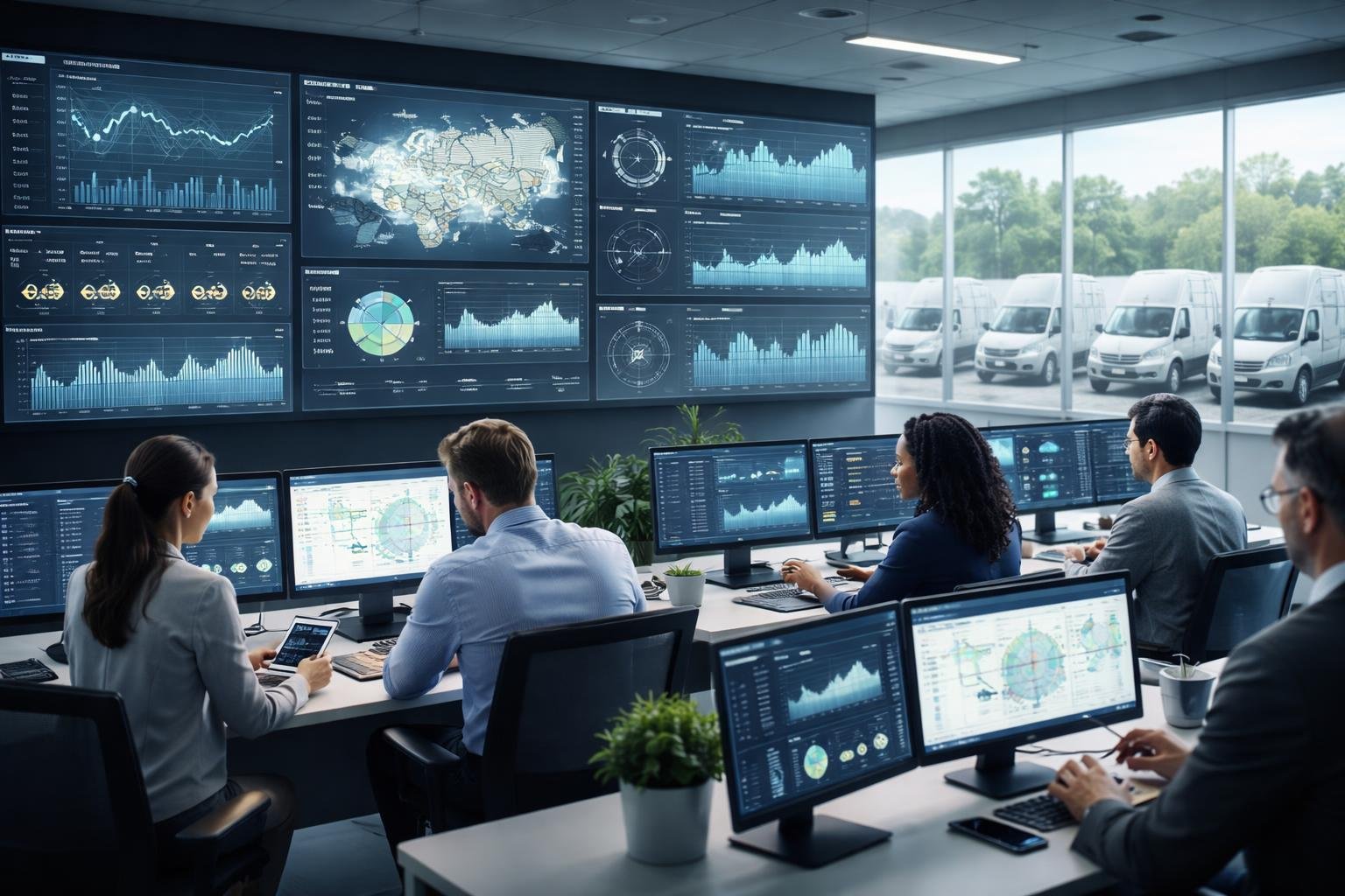 A team of professionals analyzing real-time vehicle performance data on multiple digital screens in a modern fleet management control room with trucks visible outside.