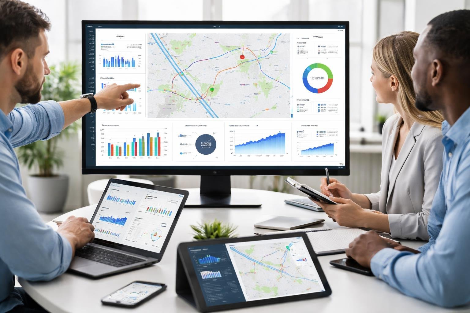 Professionals analyzing fleet telematics data on a large digital dashboard in a modern office.