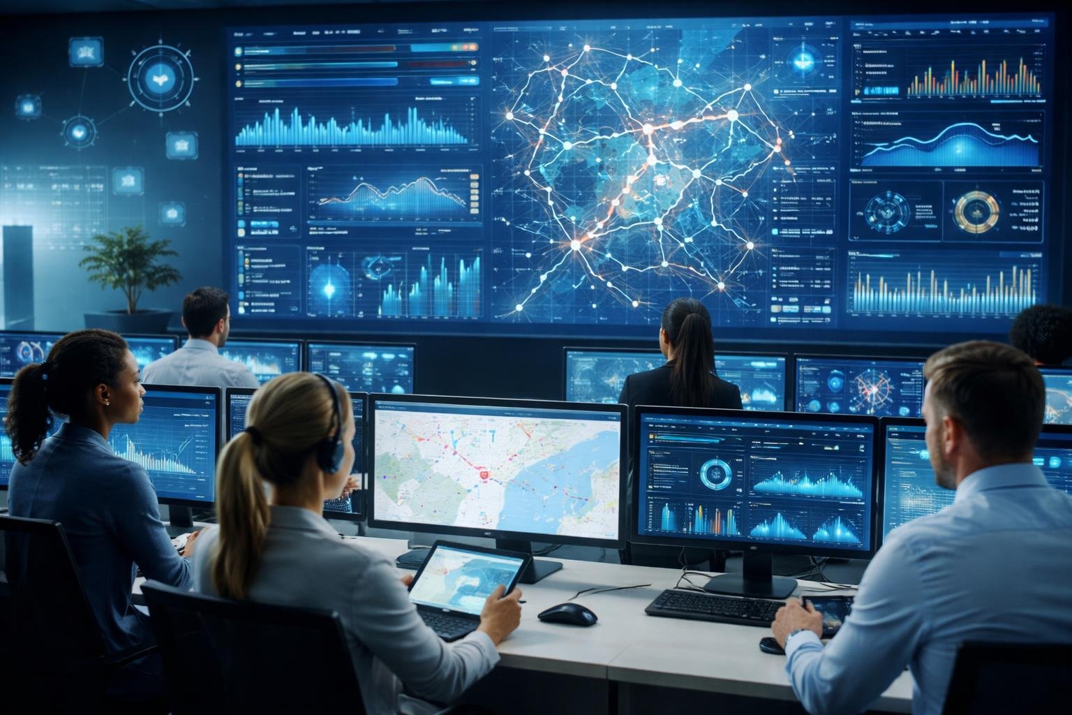 A team of professionals analyzing fleet telematics data on multiple digital screens in a modern control room.