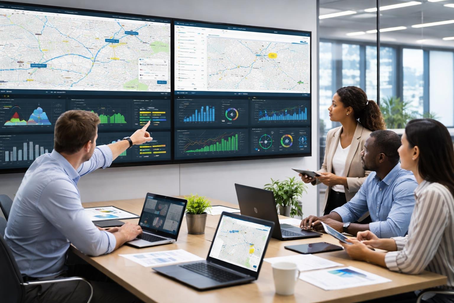 A team of professionals in an office analyzing fleet telematics data displayed on large digital screens showing vehicle routes and performance metrics.