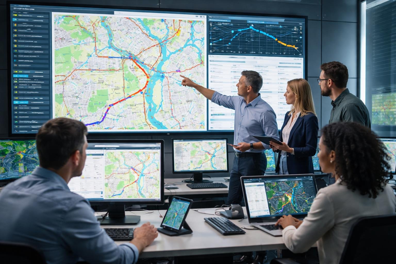 A team of professionals in a control room analyzing digital maps and GPS data on large screens to optimize delivery routes.