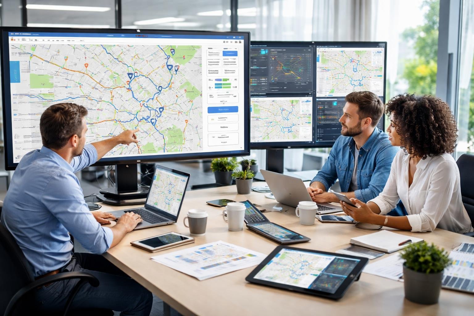 A team of professionals in an office analyzing digital maps and GPS routes on computer screens for route optimization.