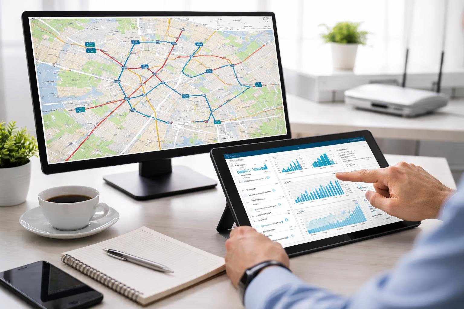 A person using a tablet and computer displaying maps and data for route optimization in a modern office.