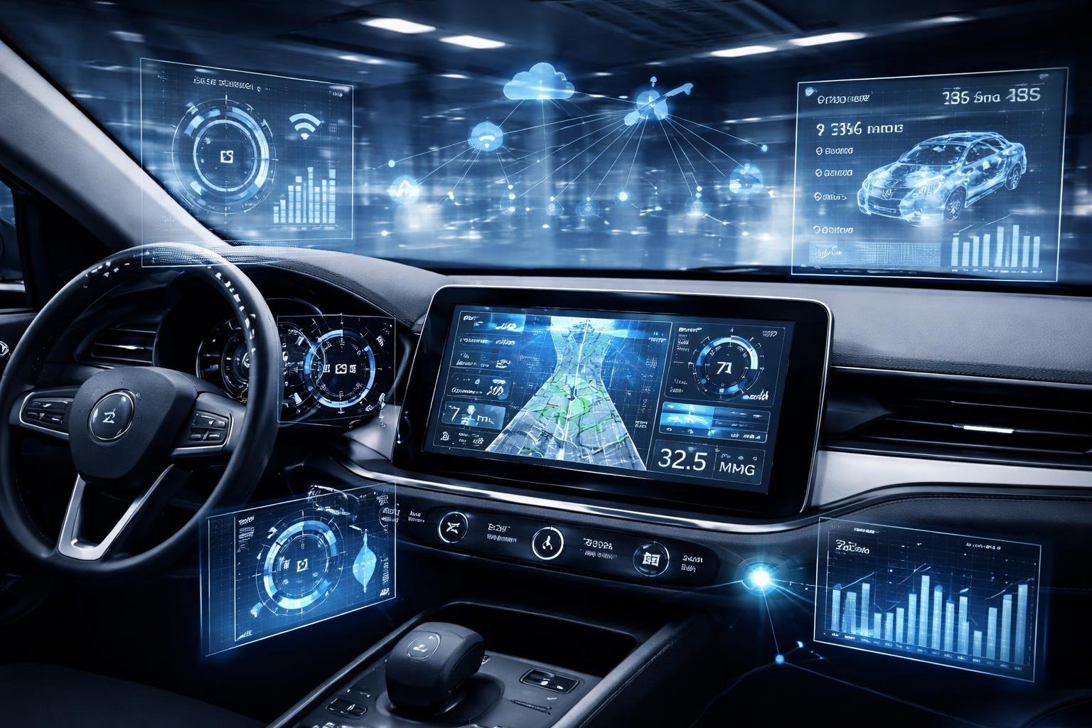 A modern vehicle dashboard with digital displays and floating holographic data charts showing vehicle telematics information.